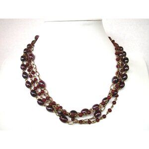 Vintage 4 Strand Red Beaded Necklace With Brass Chain Lobster Clasp